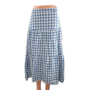 GAP Women's White Blue Gingham Check Tiered Summer Maxi Flare A-Line Skirt Sz 2P